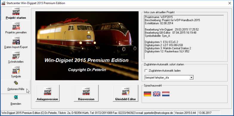 Startcenter - Optionen/Hilfe